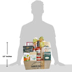 Gift basket labeled 'Farmers Market' with dimensions shown relative to a person's height.