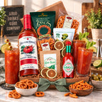 gift basket with food displayed on counter top