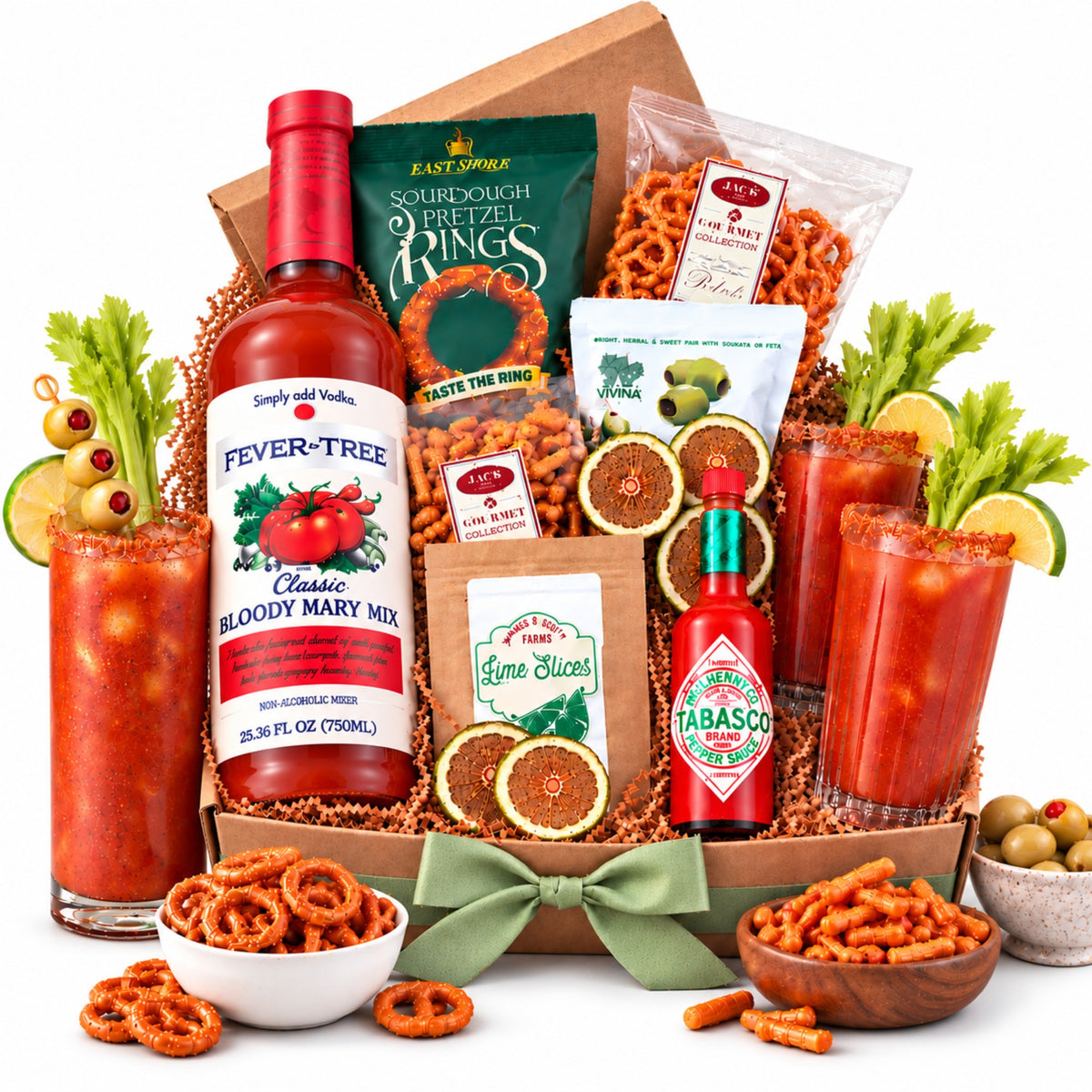 gift box with white background and food displayed in front.