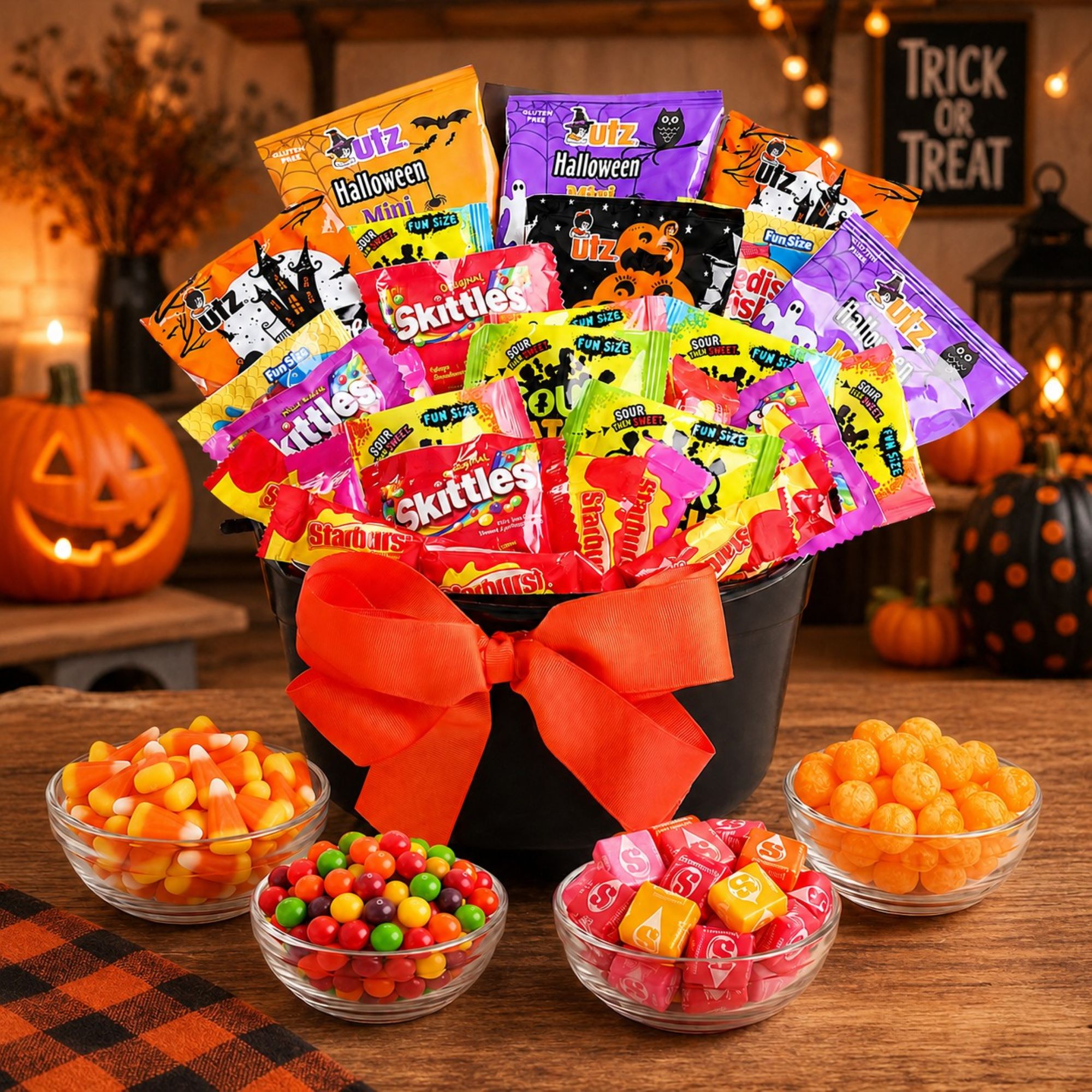 A Halloween-themed candy bouquet gift set in a black bucket with a large orange bow, filled with assorted candy bags. The bucket sits on a wooden table with bowls of candy and autumn decorations like pumpkins and a 'Trick or Treat' sign in the background.