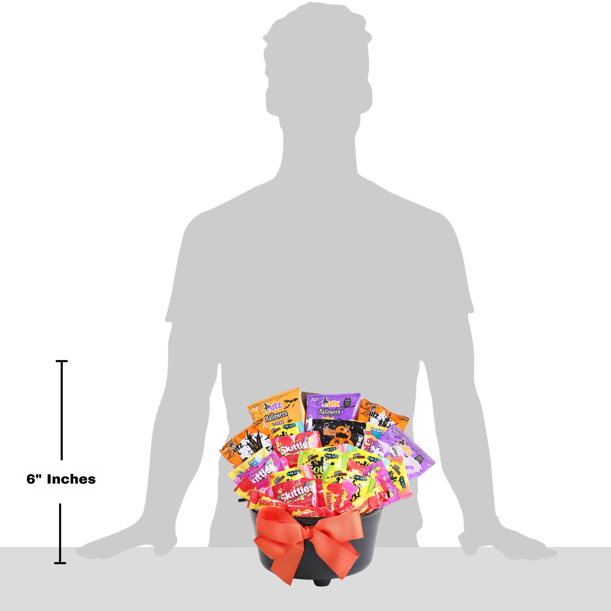 Gift Basket shown in front of a gray human silhouette with a 6-inch height marker on the left.