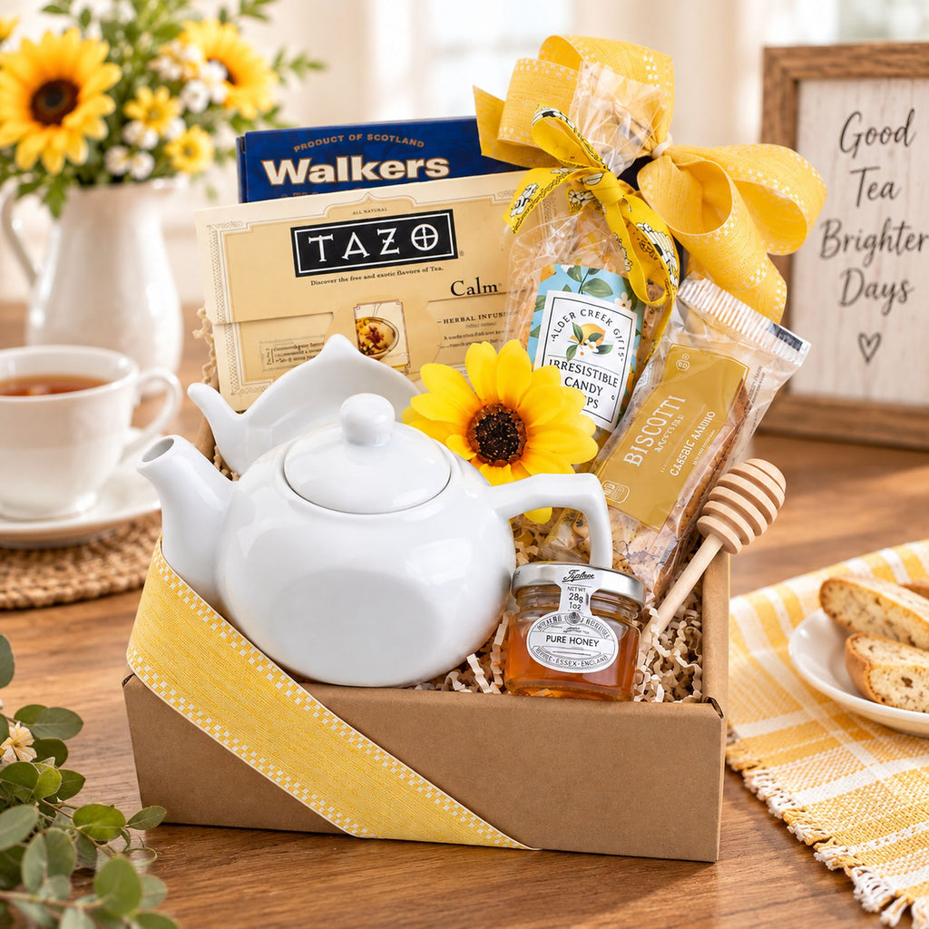 Gift basket displayed on wood table