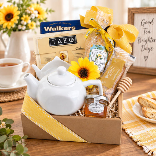 Gift basket displayed on wood table