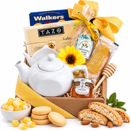 gift basket with contents displayed out front on white background
