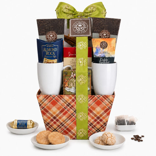 gift basket with food contents displayed in white dishes