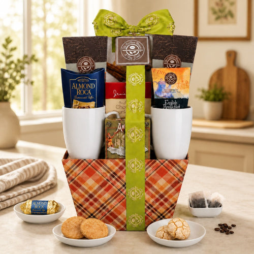 gift basket with foos displayed on countertop background

