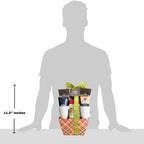 gift basket displayed with grey man to ilustrate size
