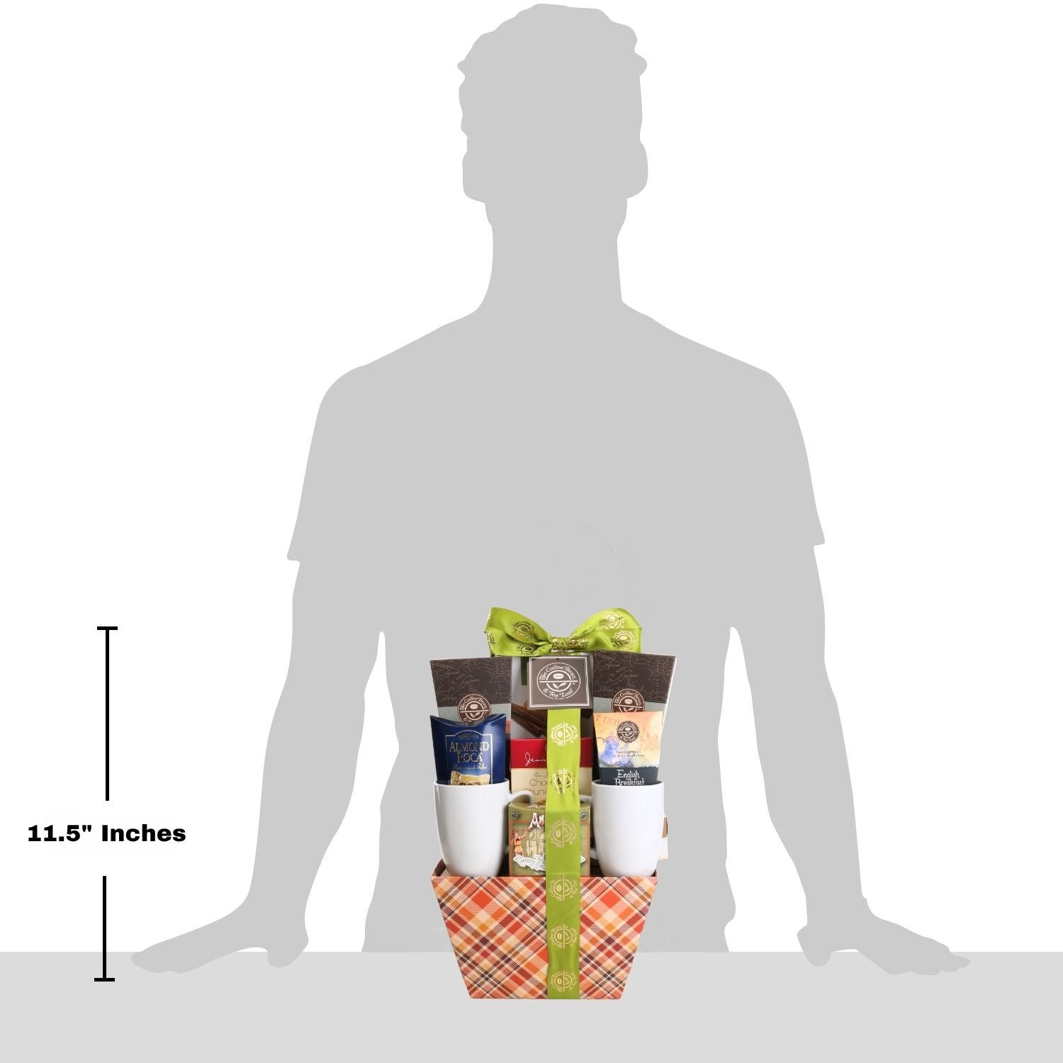 gift basket displayed with grey man to ilustrate size