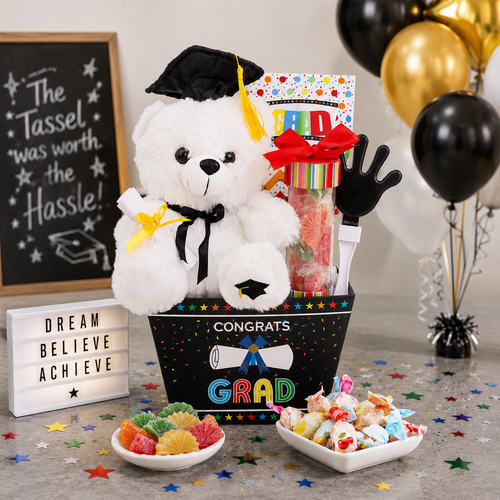 Graduation-themed gift basket with teddy bear, candy, and balloons on a table.