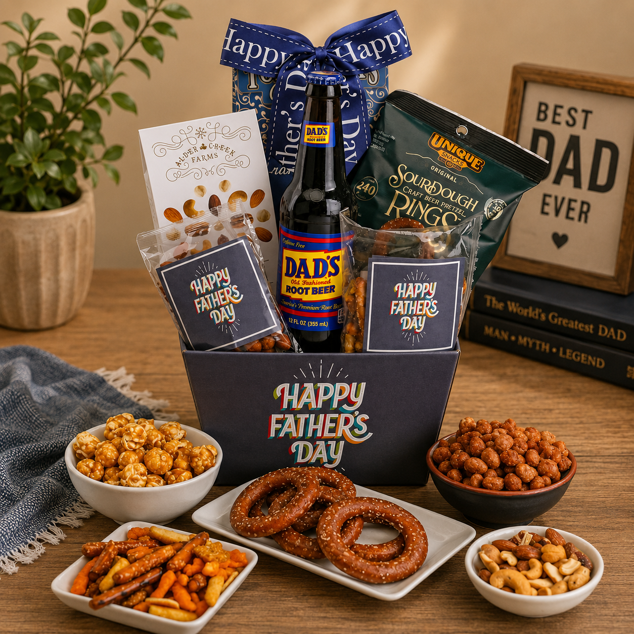 Dad’s Favorite Treats Father's Day Gift Tote Father's Day gift basket for dad with gourmet snacks from Beyond the Bow Gifts