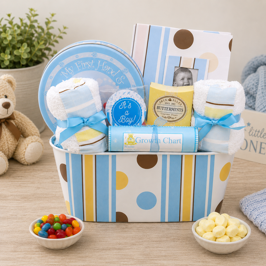 Welcome to the World Boy Basket new baby gift basket or baby shower gift from Beyond the Bow Gifts