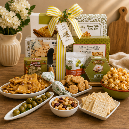 Assorted snack items including crackers, olives, and popcorn on a wooden table with gift boxes.