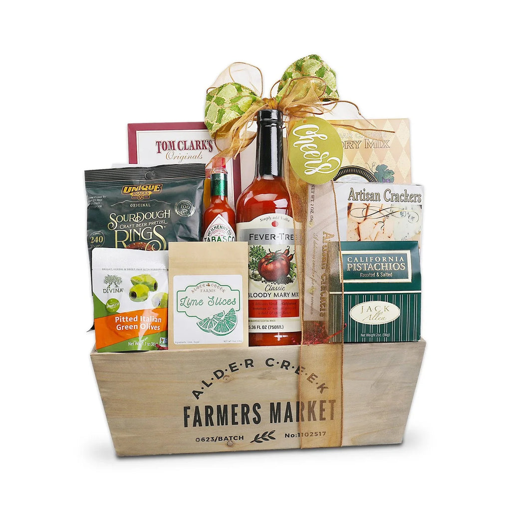 Gift basket from Farmers Market with various items including a bottle of Fever-Tree mixer.
