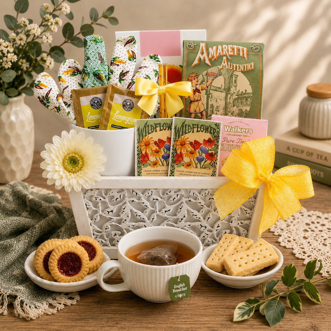 Tea gift set with tea bags, cookies, and a cup of tea on a wooden table.