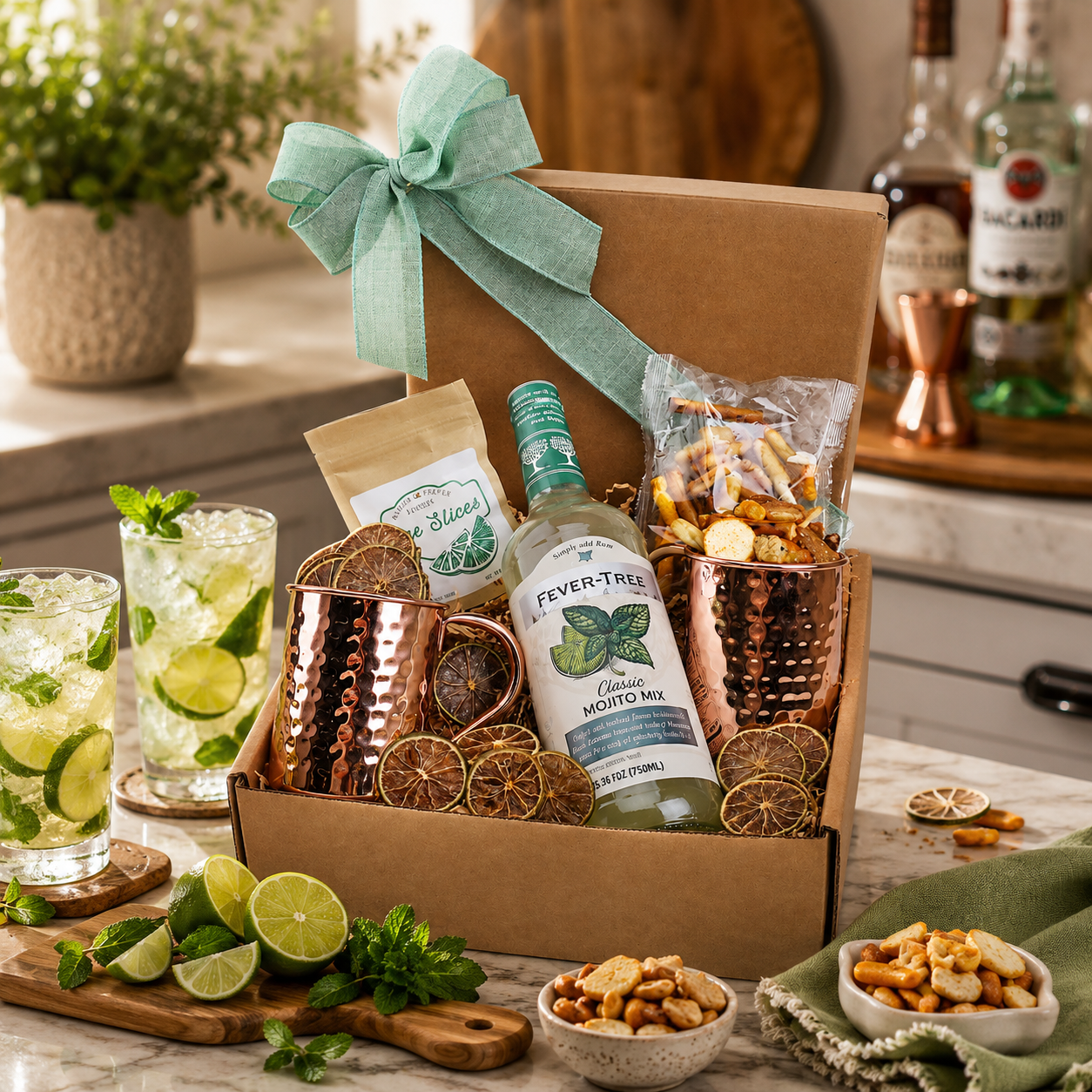 Minty Mojito Delight Gift Box cocktail gift basket with mixers and gourmet snacks from Beyond the Bow Gifts