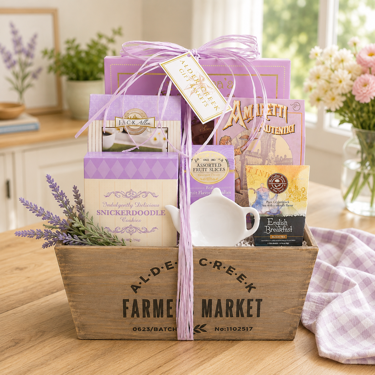 Relaxing Lavender Tea Gift spa gift basket with self-care treats from Beyond the Bow Gifts