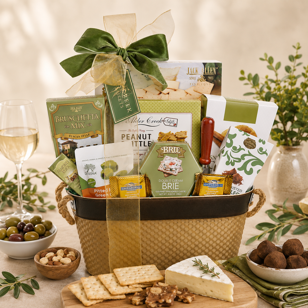 Gift basket with snacks and gourmet treats.