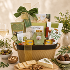 Gift basket with snacks and gourmet treats.
