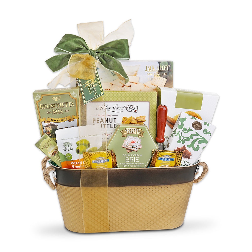 Gift basket with assorted snacks and treats on a white background