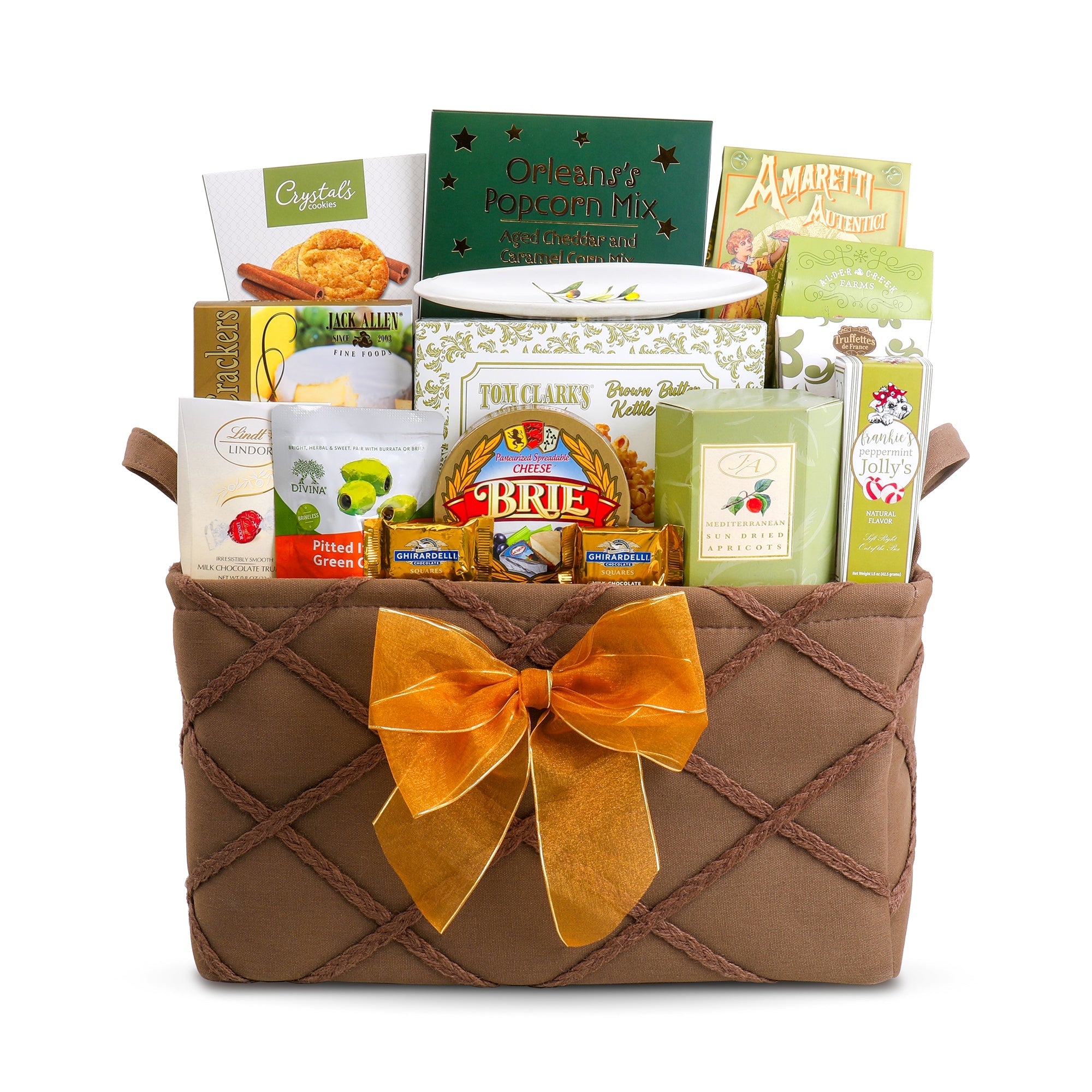 Gift basket with a brown woven design and gold bow, containing various food items on a white background.